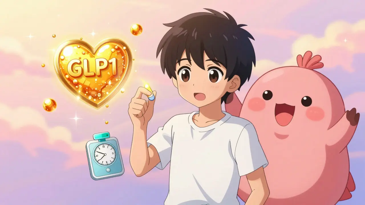 Character holding oral GLP-1 tablet with glowing heart shield and shrinking weight scale.