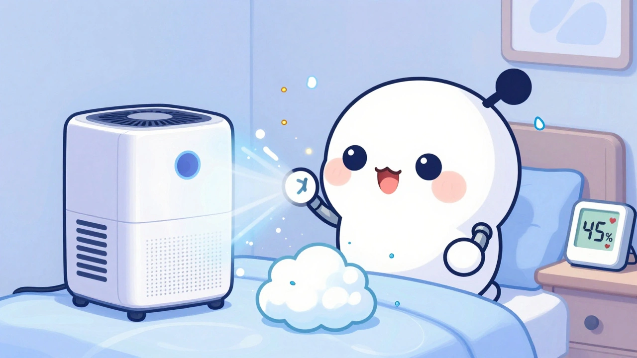 Cheerful robot dehumidifier sucking up fluffy dust mites while a hygrometer shows 45% humidity.