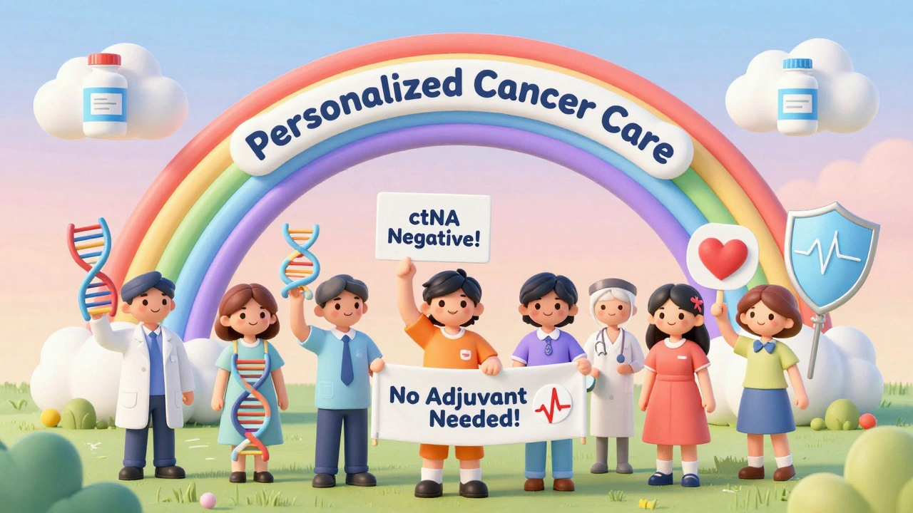 Diverse patients holding DNA and health signs under a rainbow bridge labeled &#039;Personalized Cancer Care.&#039;
