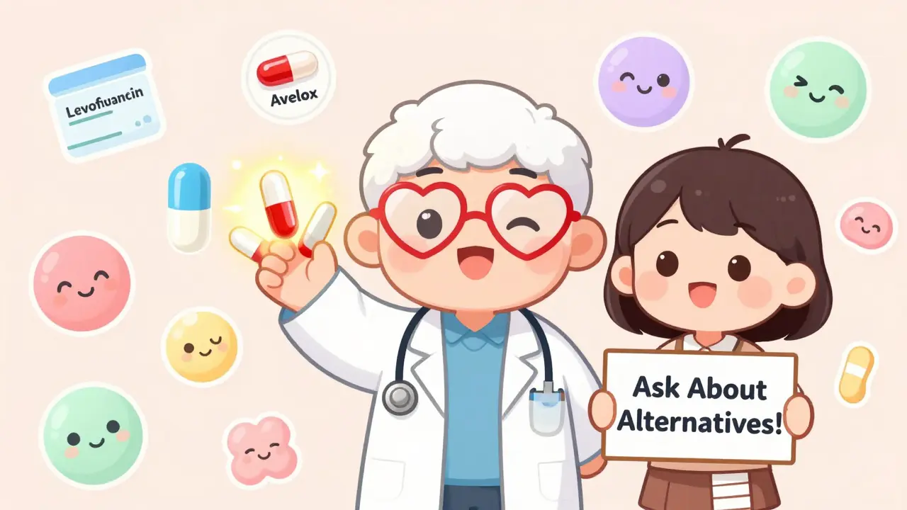 Doctor showing three pills: one dangerous, two safe, patient holding 'Ask About Alternatives' sign.