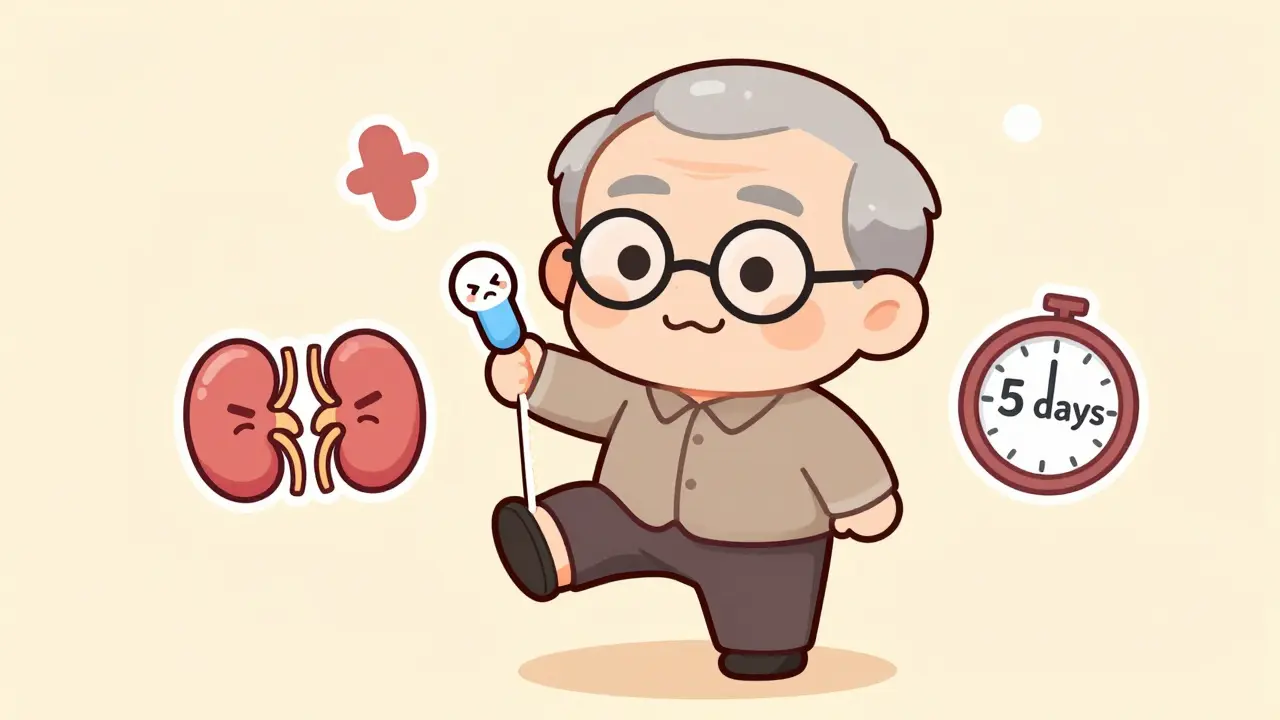 Elderly man with fraying tendon, corticosteroid pill on shoulder, medical icons around him.