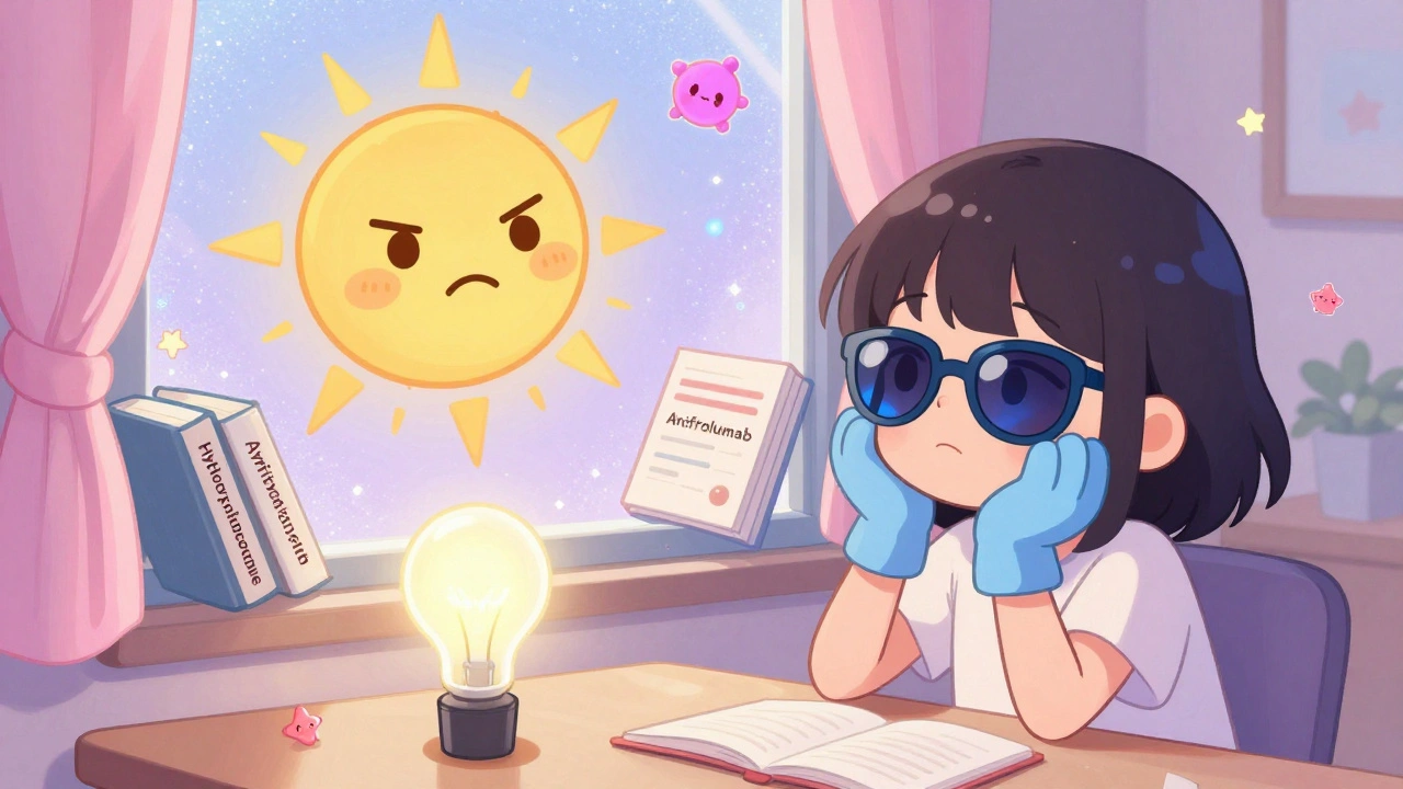Girl indoors protected by UV film and sunglasses, glowing LED light, kawaii medical theme