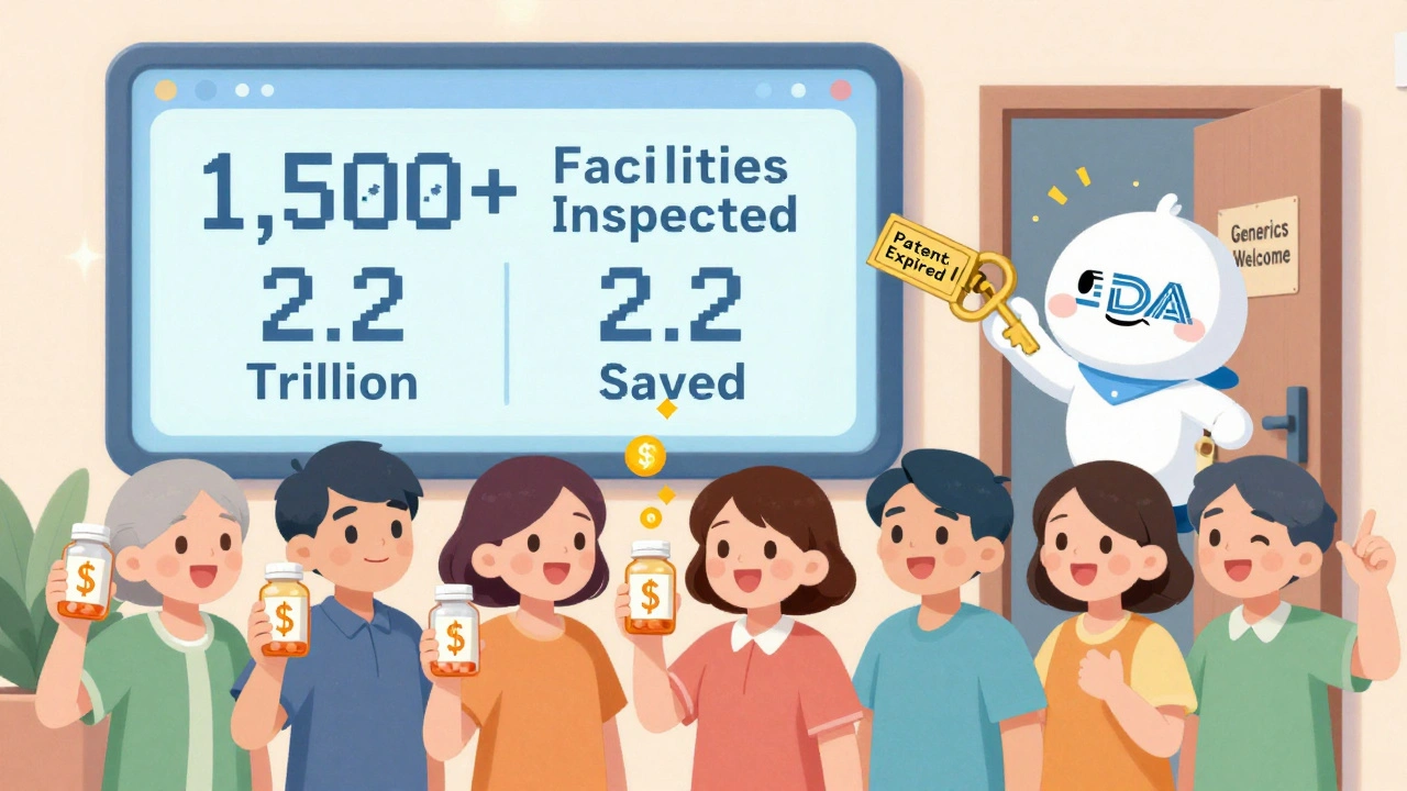 Patients celebrate savings with generic pills as an FDA dashboard displays approval stats in kawaii style.