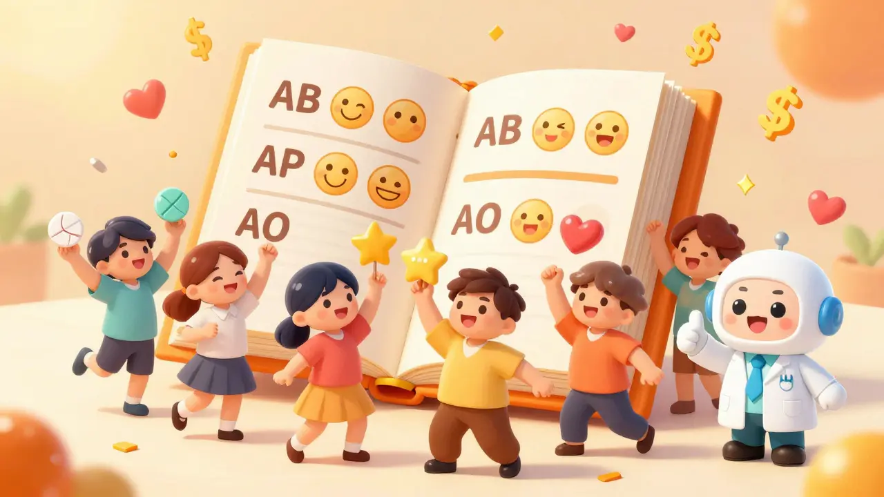 Patients dance joyfully under a glowing FDA Orange Book showing therapeutic equivalence ratings as smiling emojis.