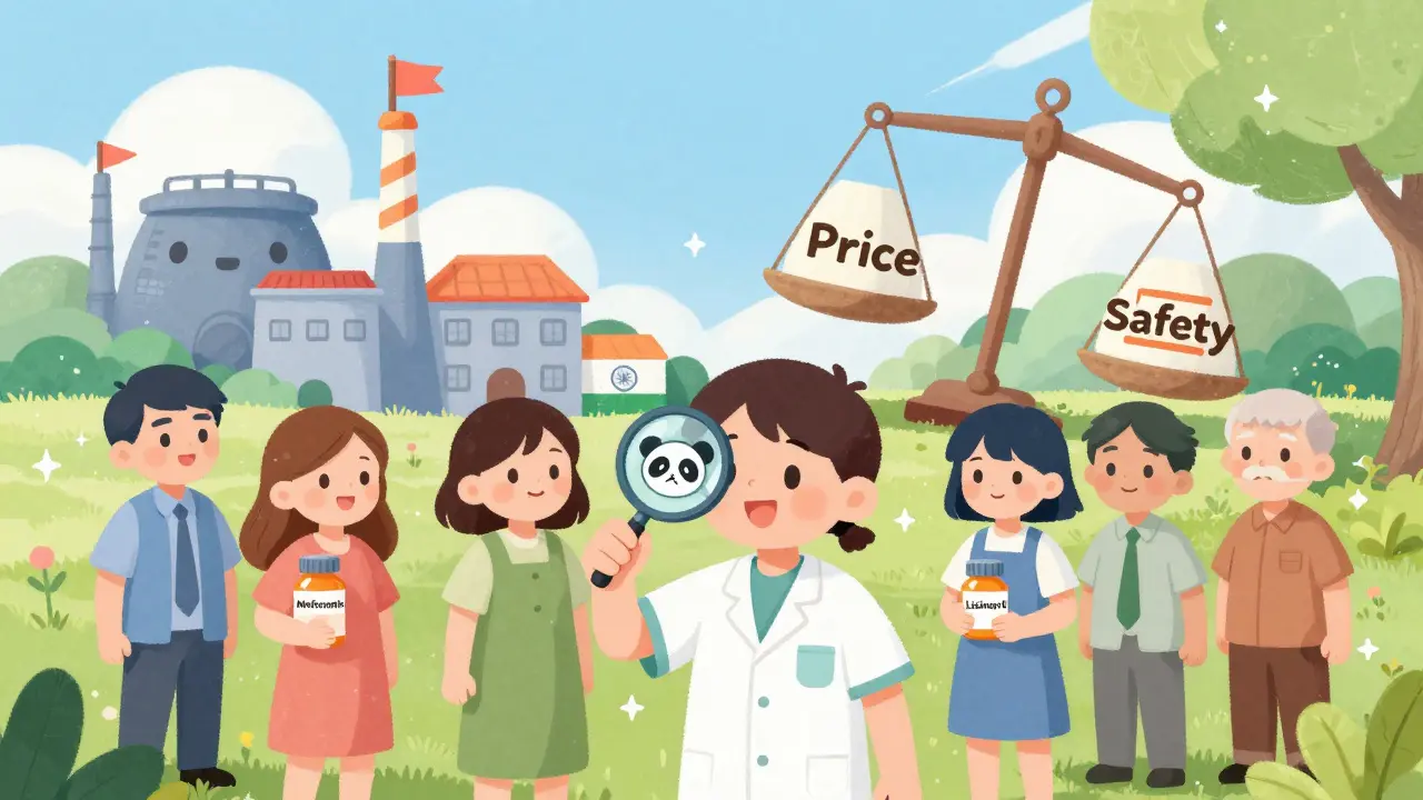 Patients holding medicine bottles as one discovers a warning sign inside their pill, with cute factories in the background under a pastel sky.
