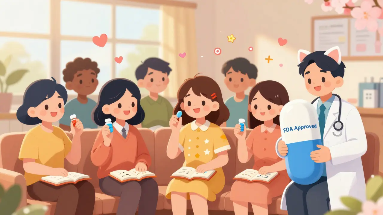 Patients in a cozy clinic share journals with doodles, while a pharmacist with cat ears hugs a pill plushie.