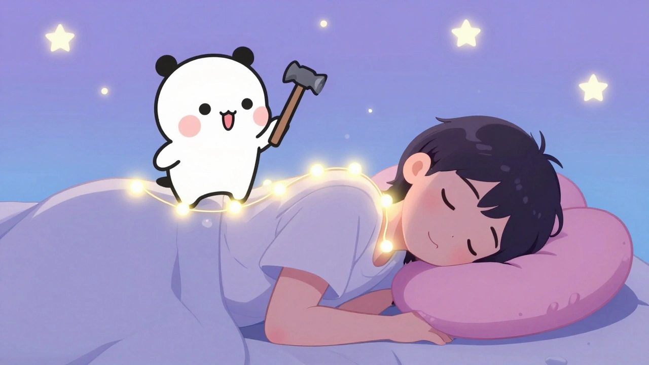 Person sleeping with aligned neck and heart pillow, bad posture goblin being banished, kawaii anime style