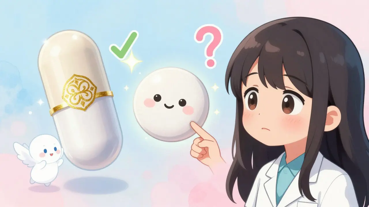 Two identical pills float beside each other—one fancy, one simple—as a cute mascot makes the generic pill sparkle.