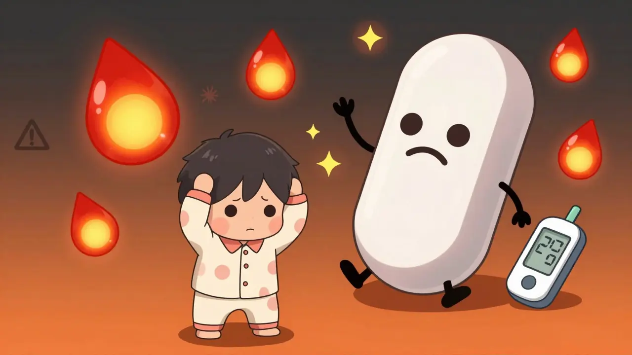 Worried person surrounded by falling blood sugar droplets and a frowning sulfonylurea pill.