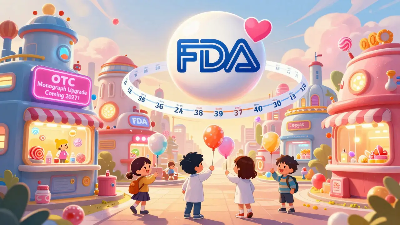 A candy-like city where generic medicines are shared as balloons, with timelines shrinking and OTC upgrade signs glowing.