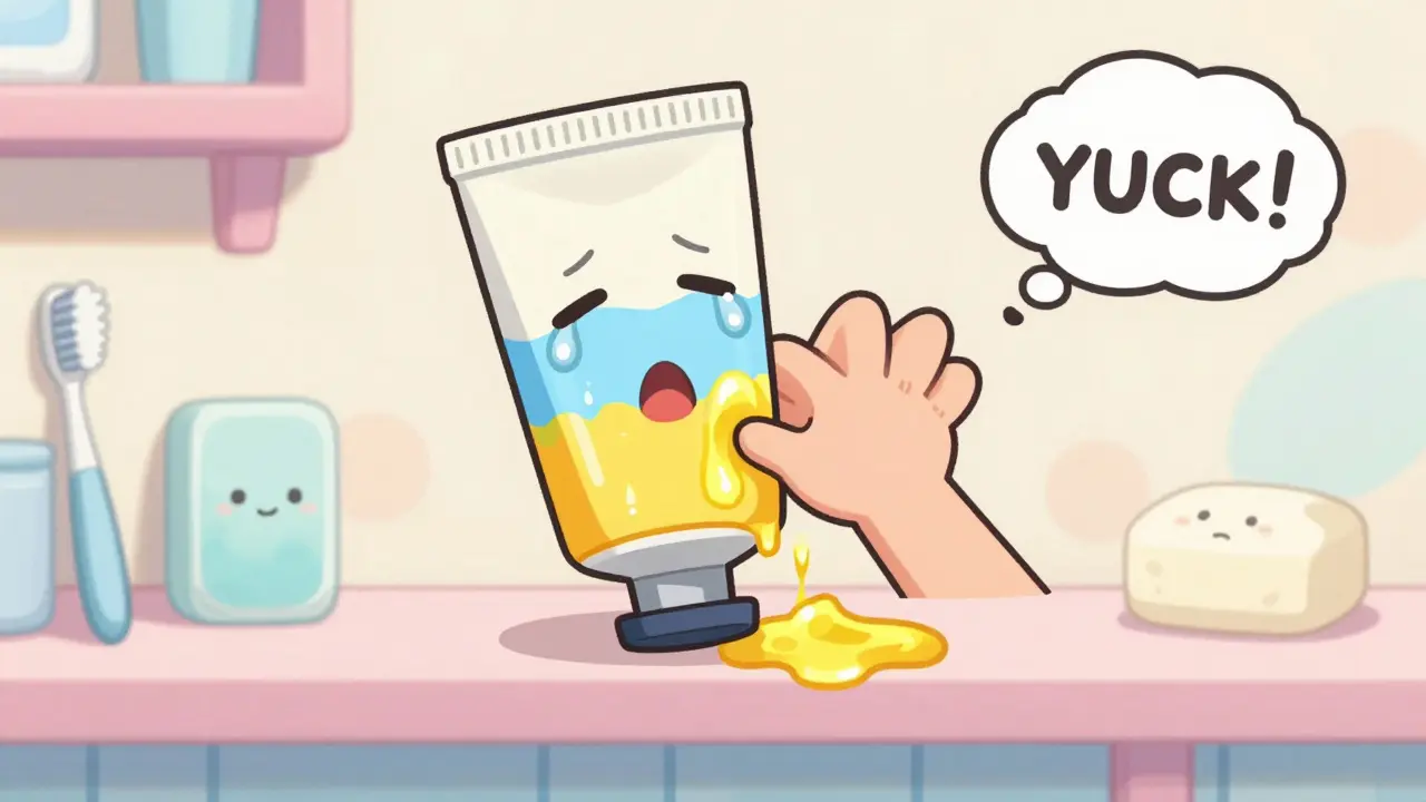 A cream tube splitting into oily and watery layers with a sad face and a sour smell cloud.