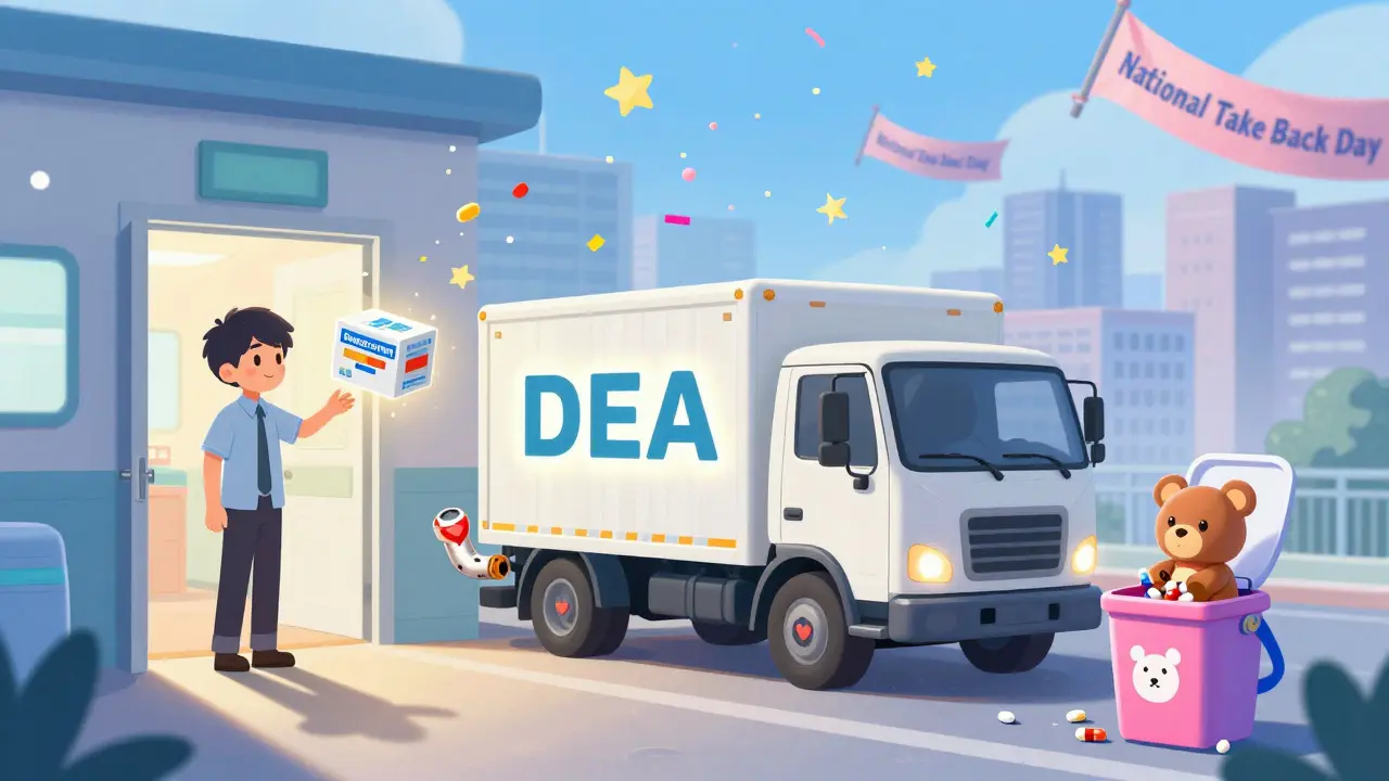 A cute DEA truck collects expired drugs as a patient drops them into a teddy bear bin.