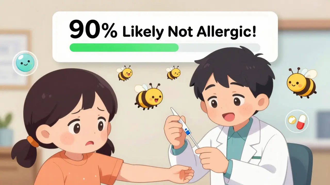 A doctor gives a cute skin test while a progress bar shows 90% likely not allergic.