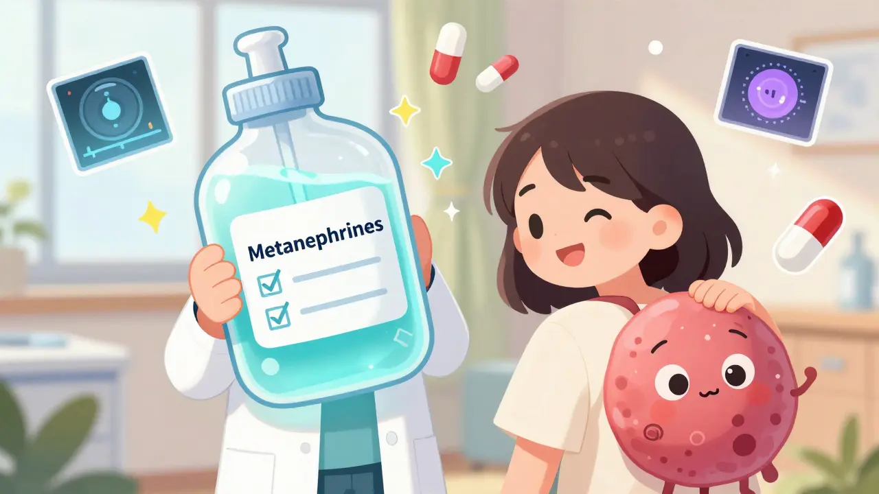 A doctor holds a sparkling urine bottle with positive test results, patient smiling as medical icons float around in cute anime style.