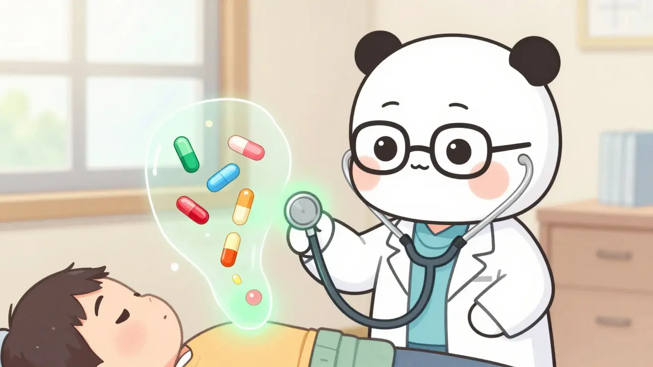 A doctor uses a glowing stethoscope to show warfarin being replaced by DOAC pills in a warm, sunny room.