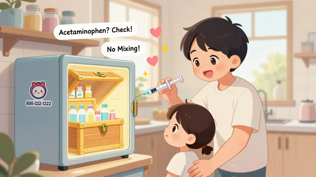 A family safely measuring medicine with a locked cabinet and safety labels in a bright kitchen.