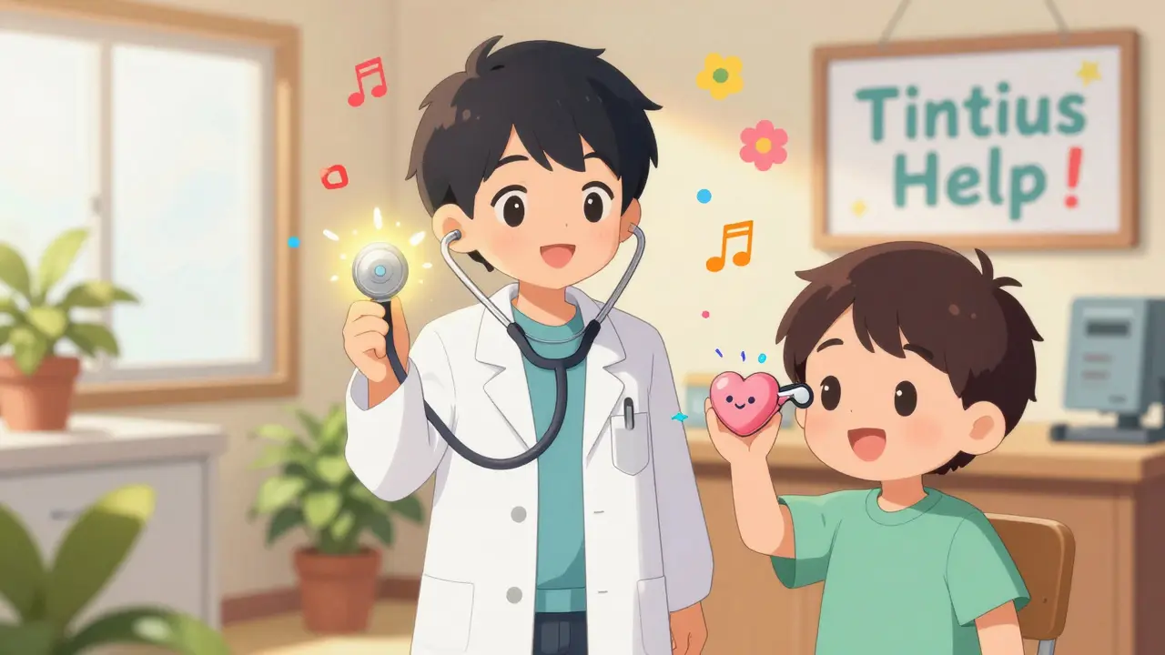 A friendly doctor holding a glowing stethoscope beside a patient using a heart-shaped hearing aid with ocean waves.