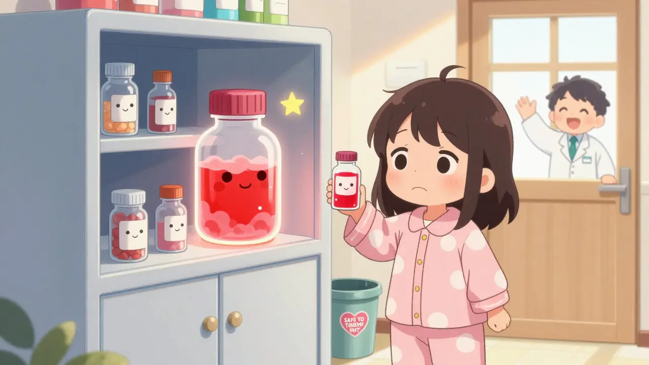A girl holding an expired medicine bottle with cloudy liquid while a pharmacist offers safe disposal.