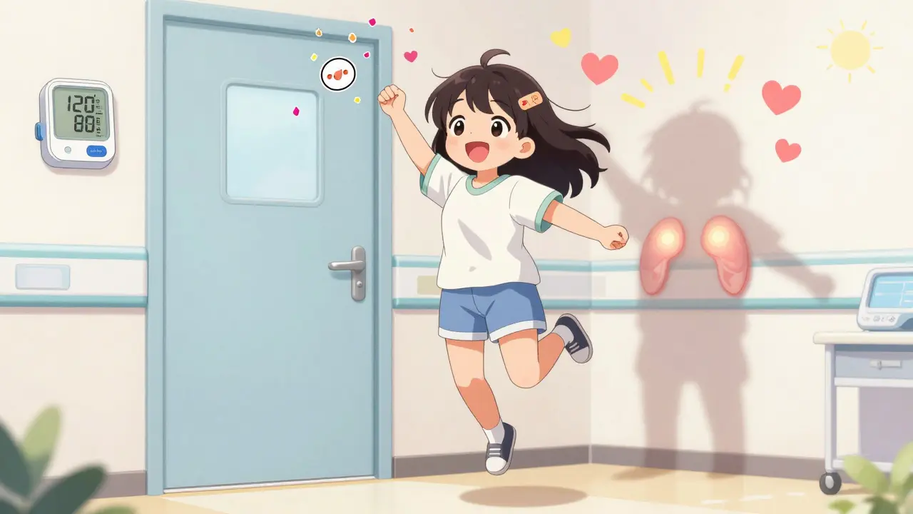 A girl skipping happily after surgery, tumor sticker falling off as confetti, blood pressure now normal in soft pastel anime style.