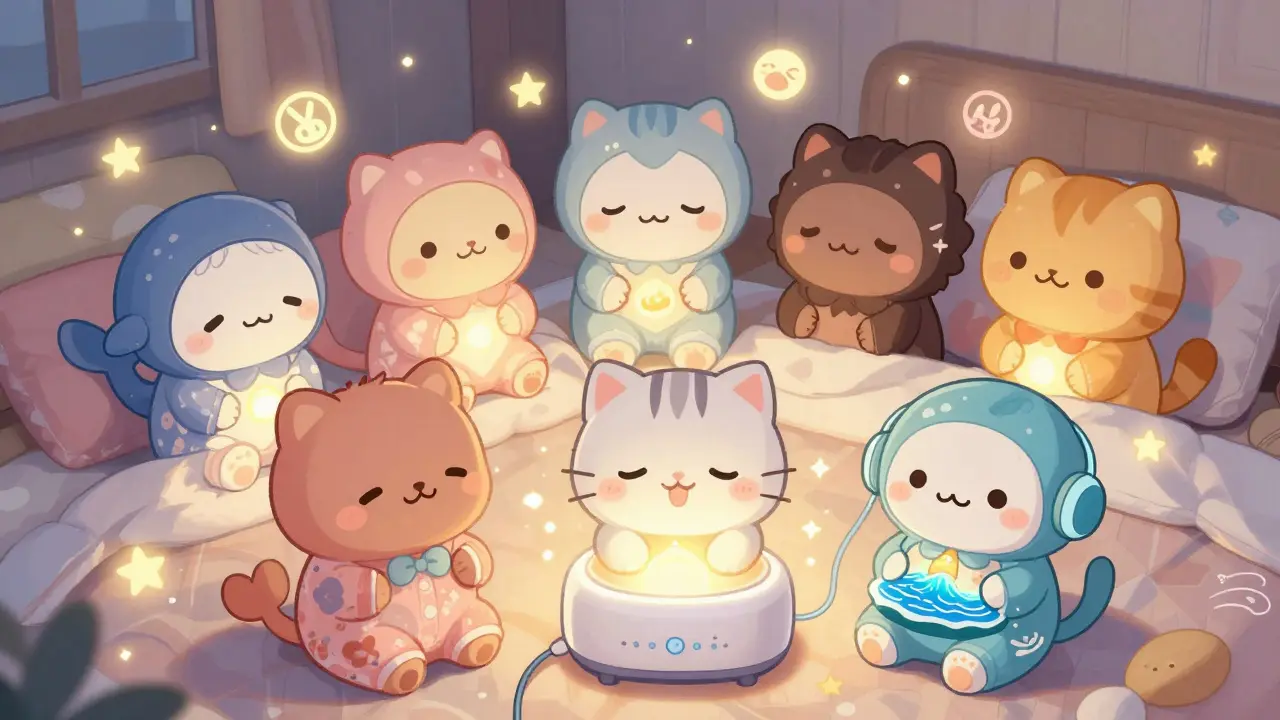 A group of cozy characters enjoying personalized sound therapy in a warm, kawaii bedroom at night.