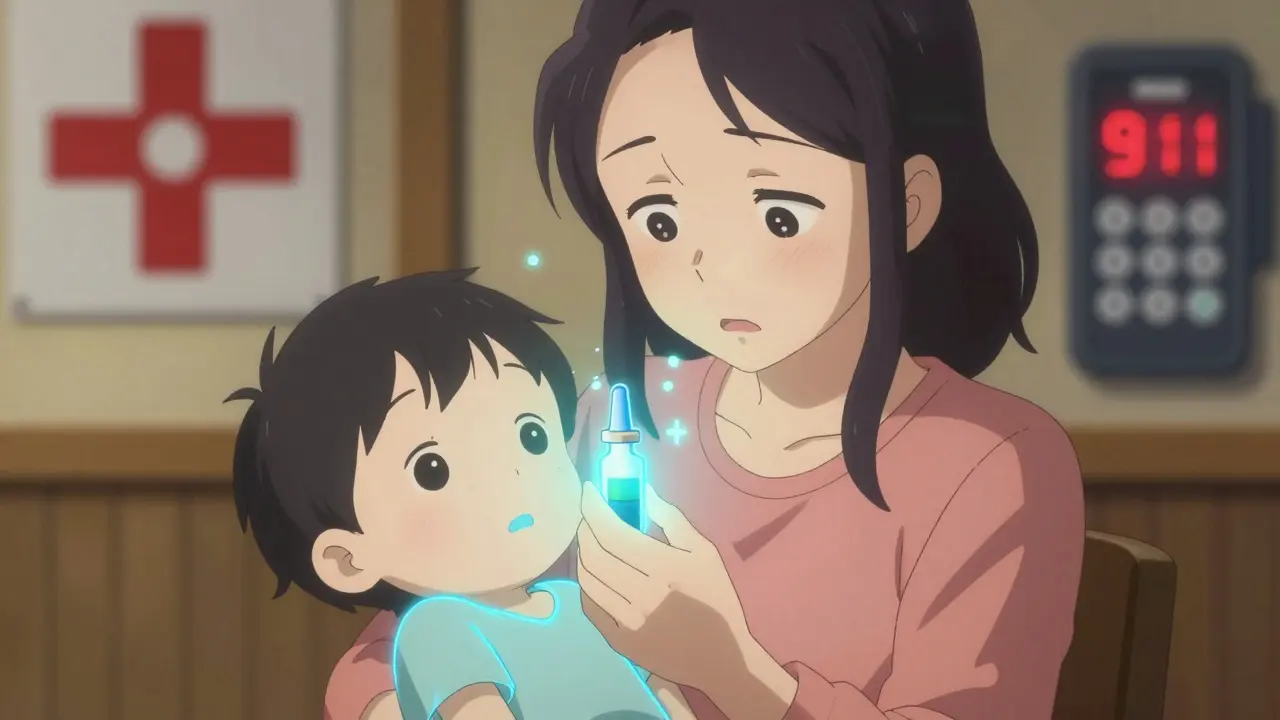 A mother holding an unconscious child with glowing signs of opioid overdose and naloxone nearby.