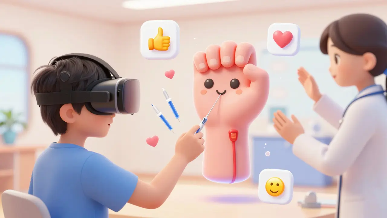A person using a virtual reality headset to practice needle insertion with friendly digital training aids.