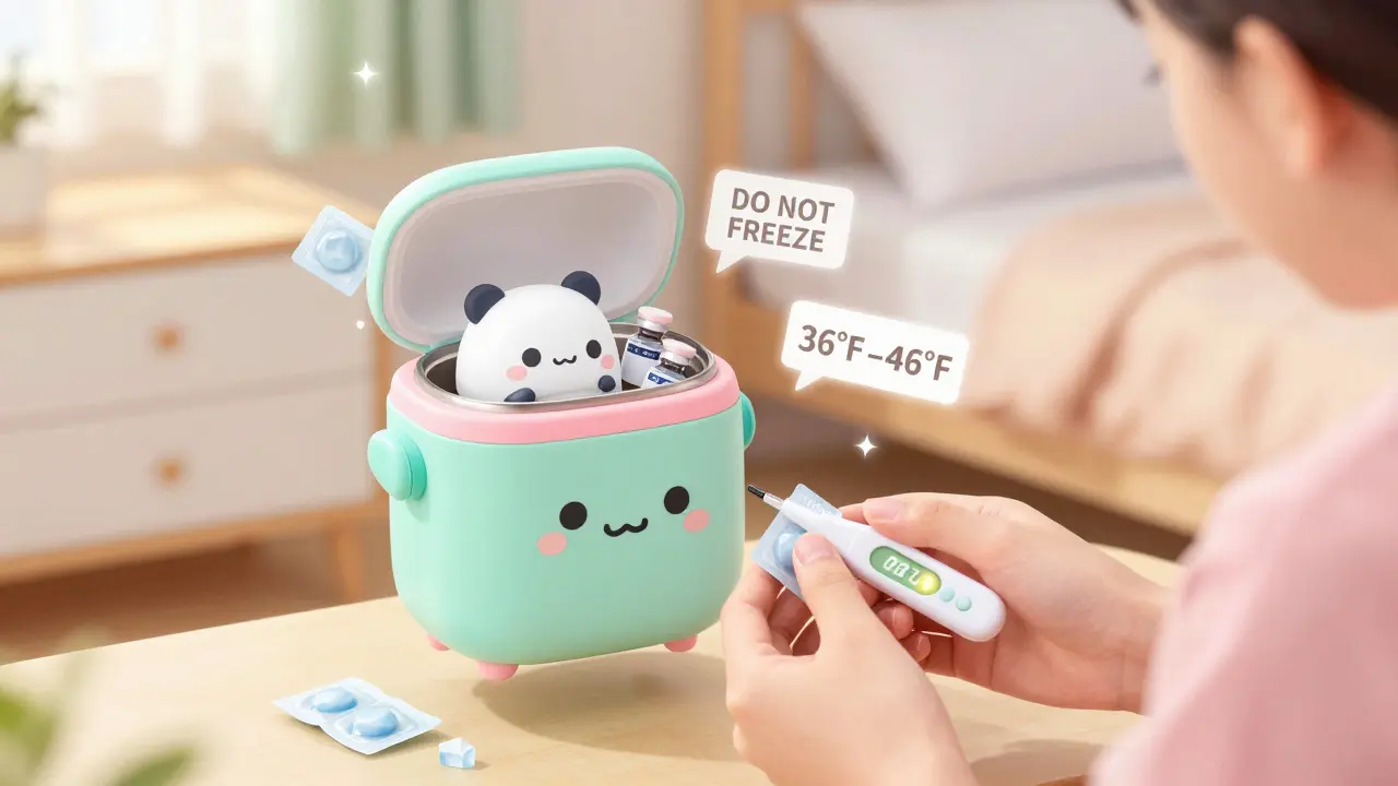 A smiling insulated cooler with ice packs holding insulin vials, labeled with temperature guidelines in a cozy room.