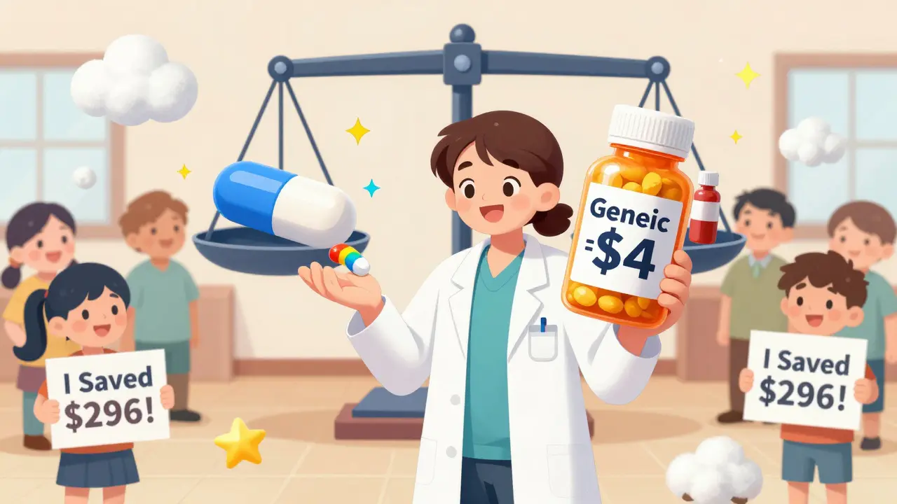 A smiling pharmacist giving a small patient a cheap generic pill, with fluffy inactive ingredients drifting away.