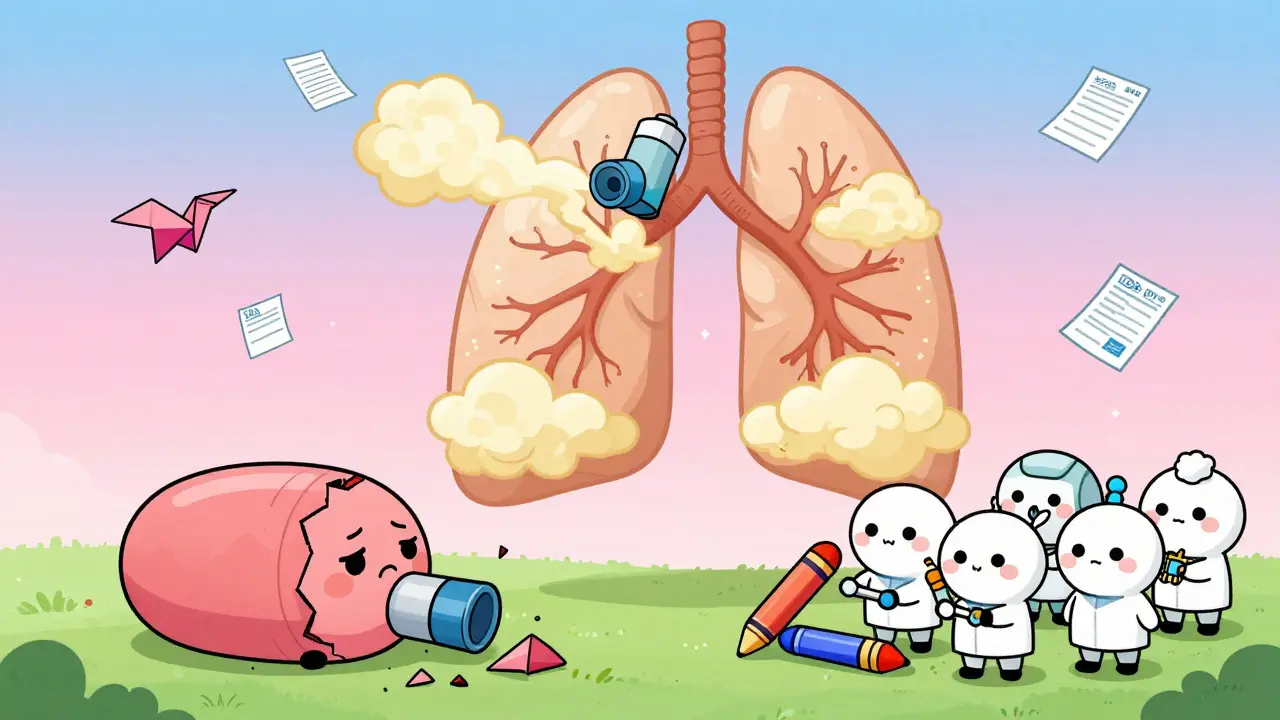 A superhero inhaler delivering medicine to a cartoon lung while scientists fix a broken generic.