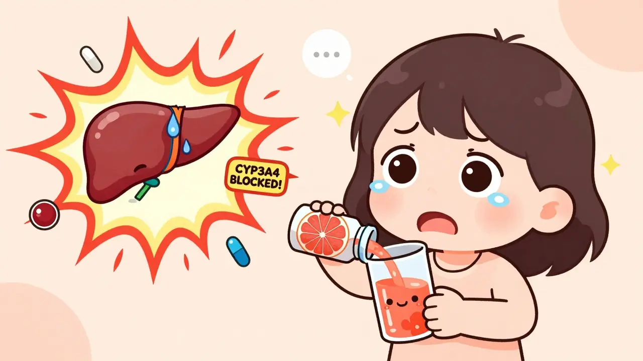 A worried patient with grapefruit juice causing warning explosions around medications in their bloodstream, kawaii anime style.