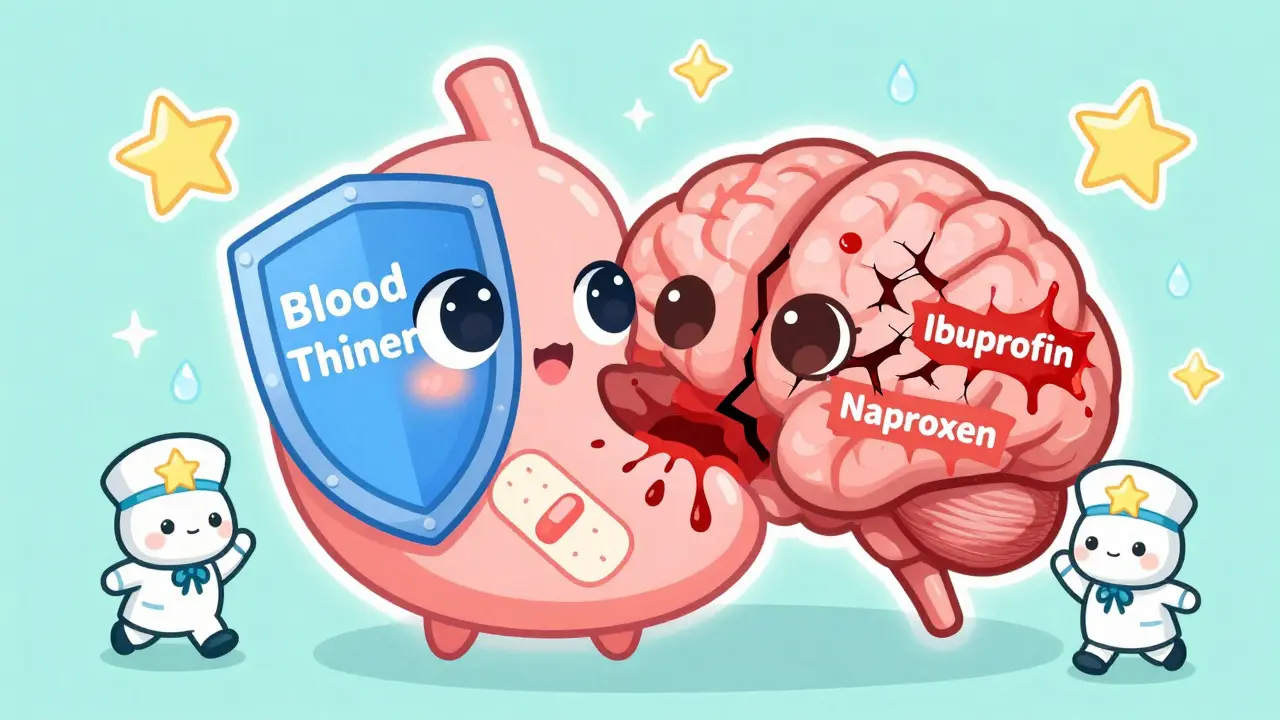 Cartoon stomach and brain protected by blue shields, bleeding red ink from NSAID spikes.