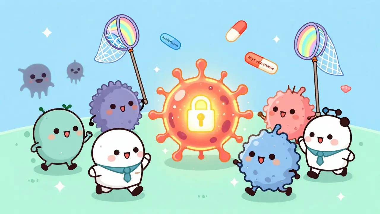 Cute immune cells chasing away antibodies with rainbow nets at a glowing neuromuscular junction.