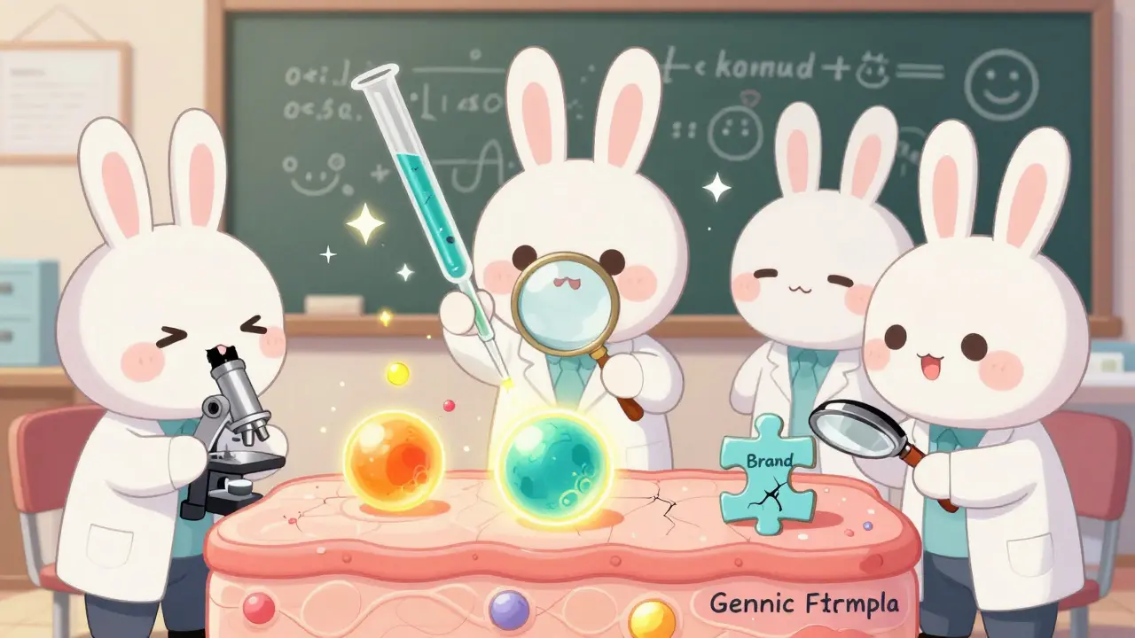 Cute scientists analyzing glowing liposomes and nanoparticles in a pastel lab.