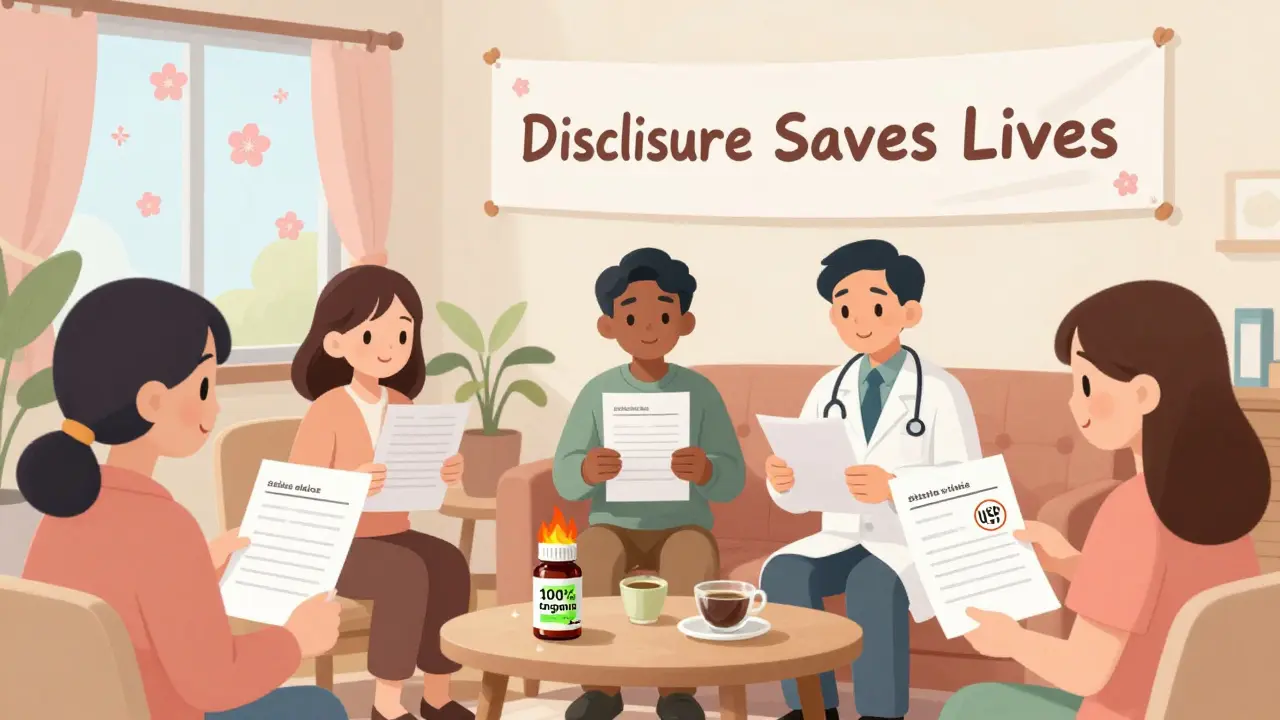 Diverse patients hand supplement lists to doctors in a bright, empowering clinic setting.