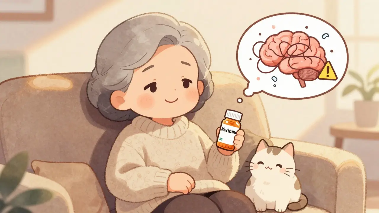 Elderly woman with a cat, holding a meclizine bottle, surrounded by cute warning symbols of side effects.