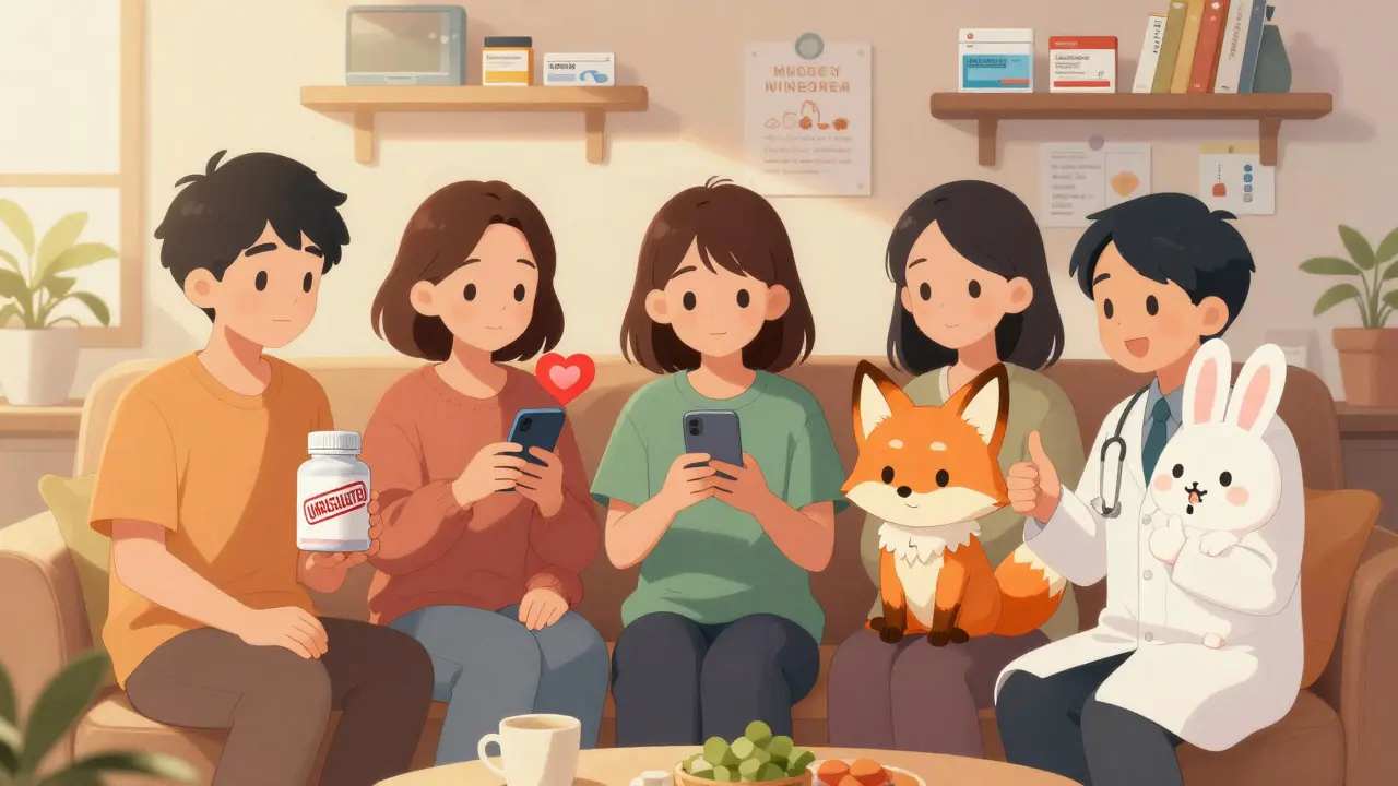 Friends discuss supplement safety with MedWatch alert glowing, cartoon doctor and patient nearby.