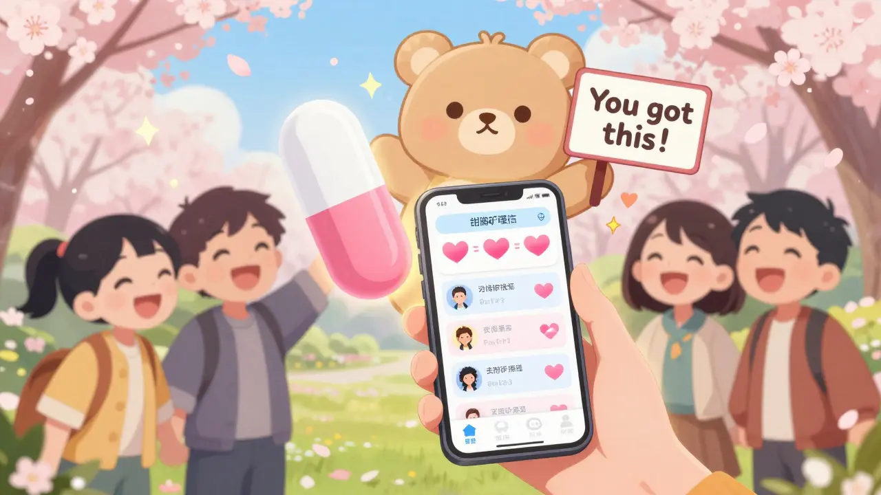 Friends in a park sharing medication success with a teddy bear pill and floating hearts.