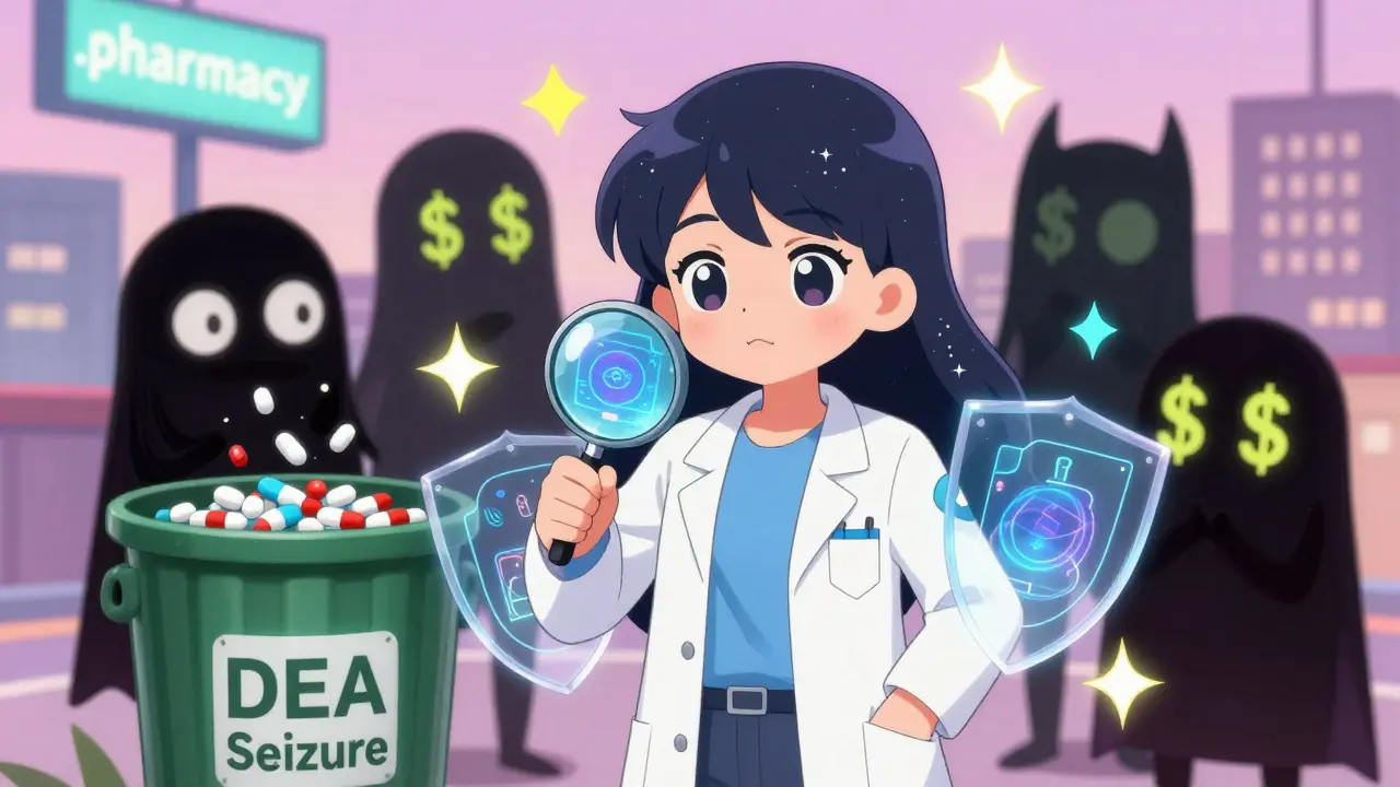 Heroine using a magnifying glass to reveal fake pills being destroyed by authorities.