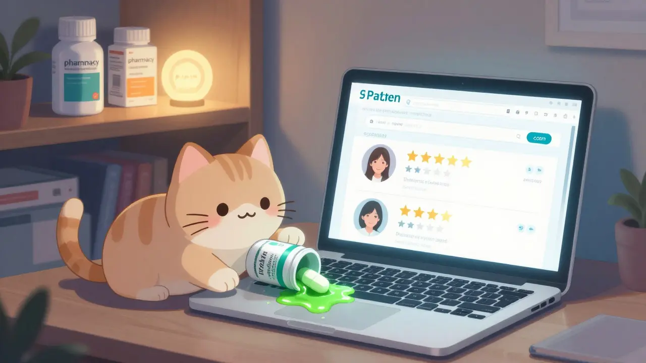 Laptop showing fake pharmacy site next to real medicine with a glowing .pharmacy badge.