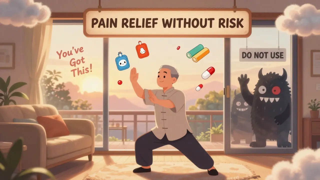 Older man doing tai chi surrounded by safe pain relief icons, NSAID monsters locked behind glass.