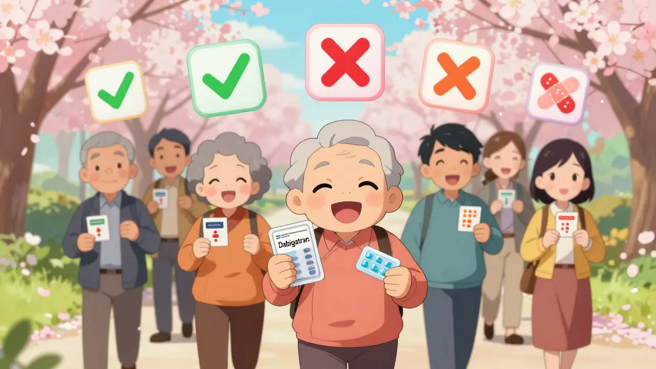 Patients walk in a park holding alert cards, with safe and unsafe bleeding icons floating around them.