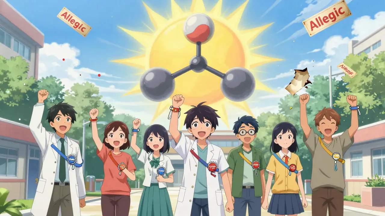 People cheer as their allergy bracelets turn into 'CLEARED!' badges under a penicillin-shaped sun.