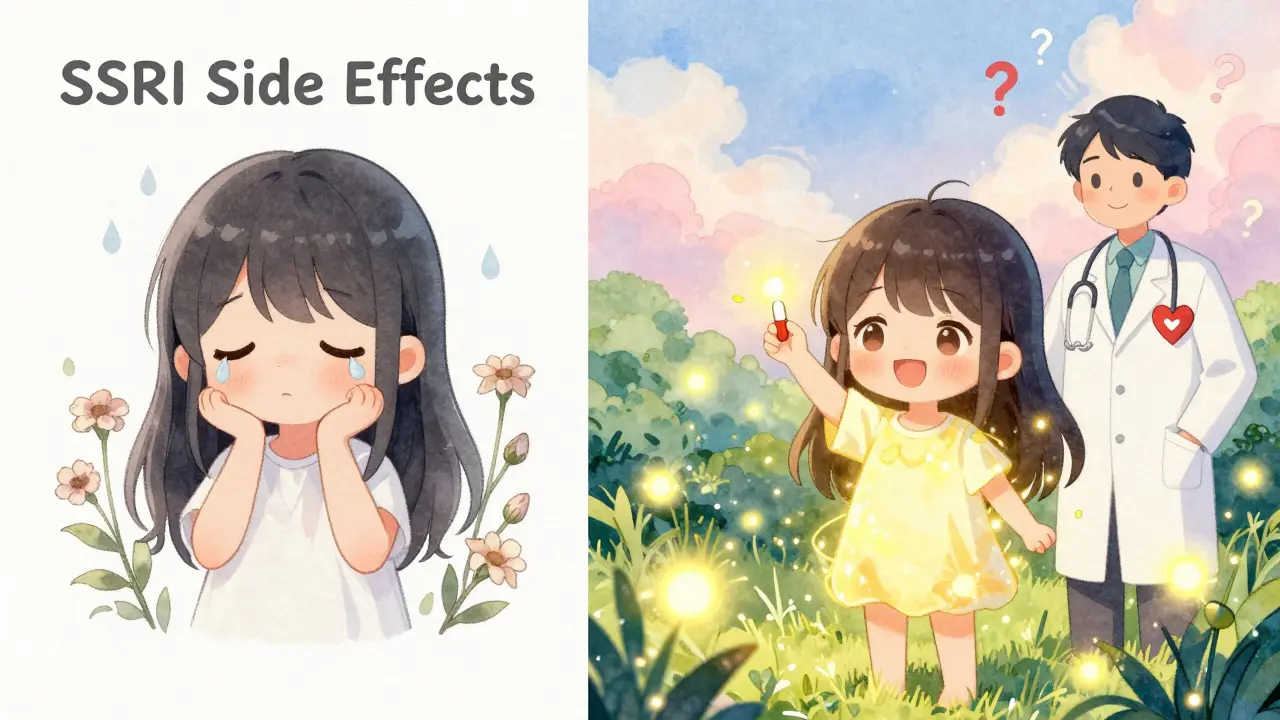 Split scene: sad person with SSRIs on left, happy with sildenafil on right, glowing fireflies and heart stethoscope.