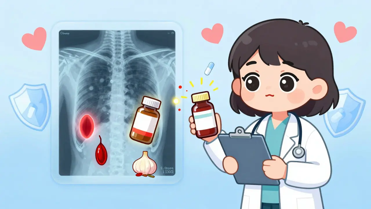 Transparent body X-ray reveals dangerous supplement-drug interactions in cute anime style.