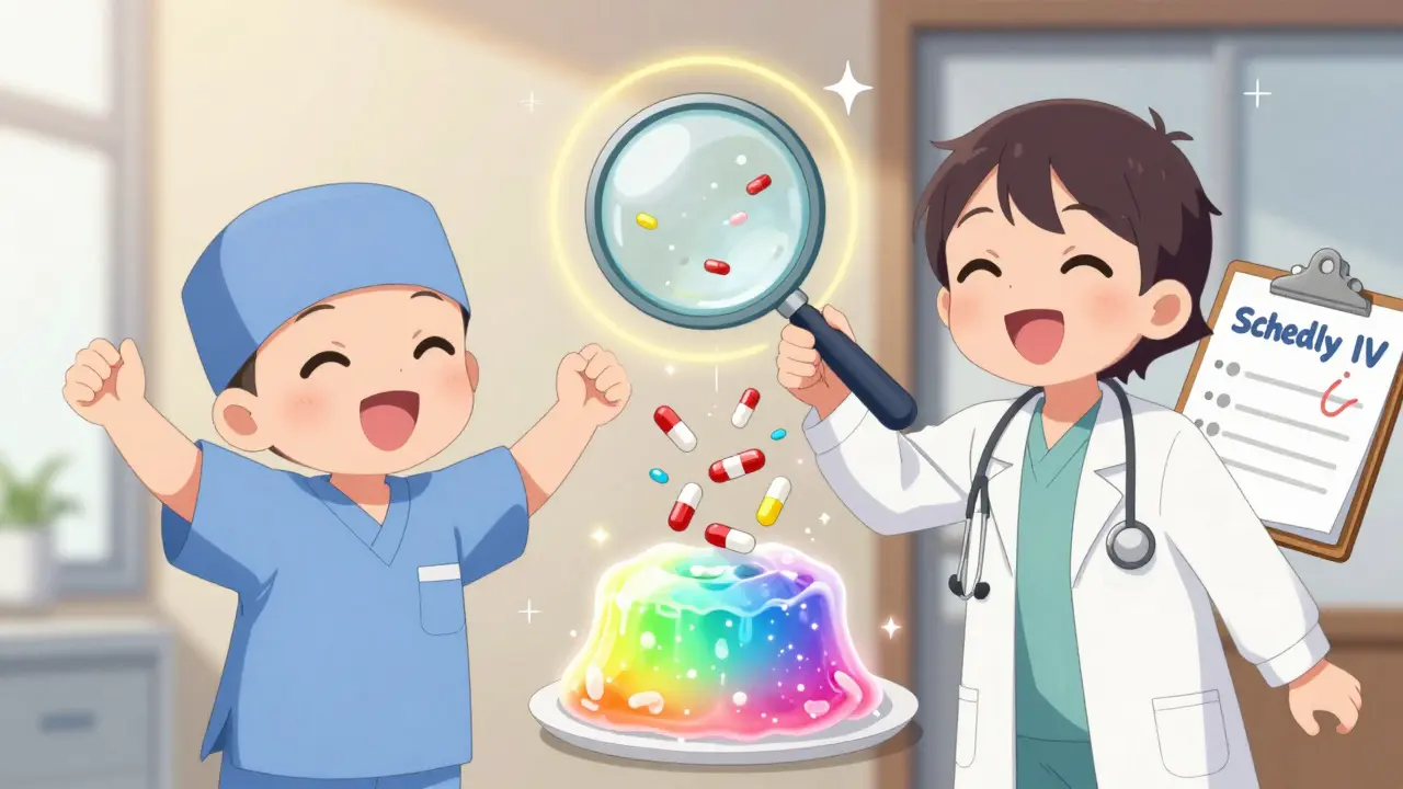 Two medical staff crush expired meds into sparkling gel with a floating clipboard.