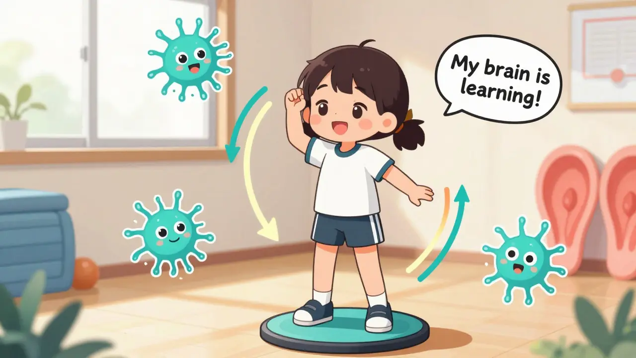 Young girl doing balance exercises with animated neurons and inner ears, no medication, in bright colors.