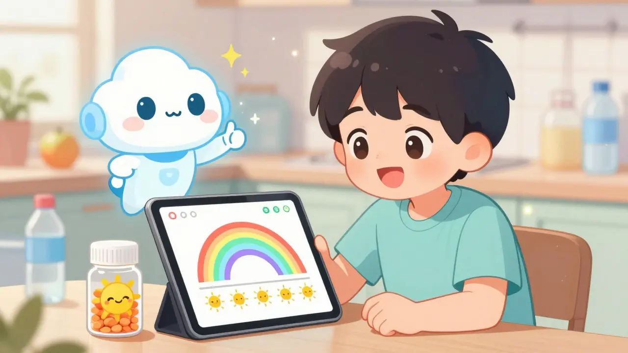 Young patient checking a rainbow progress chart on a tablet with a smiling smart pill bottle nearby.