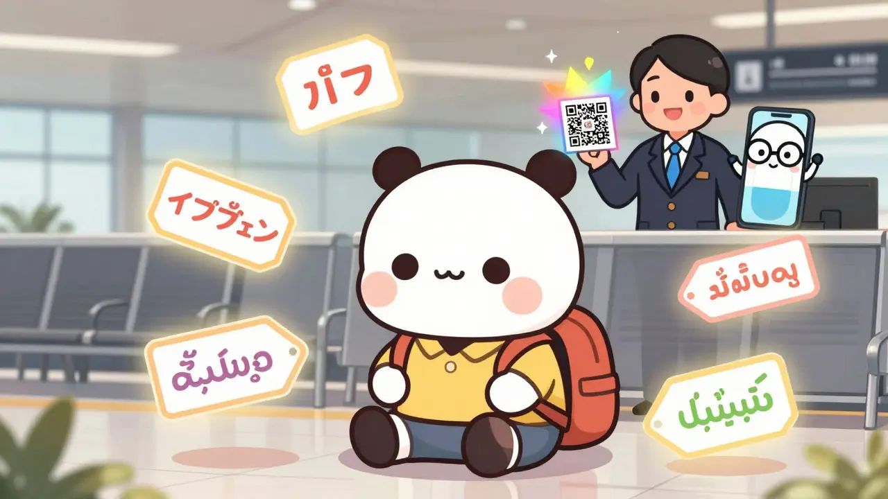 A backpacker at an airport with animated prescription label translations floating around her, glowing in pastel colors.