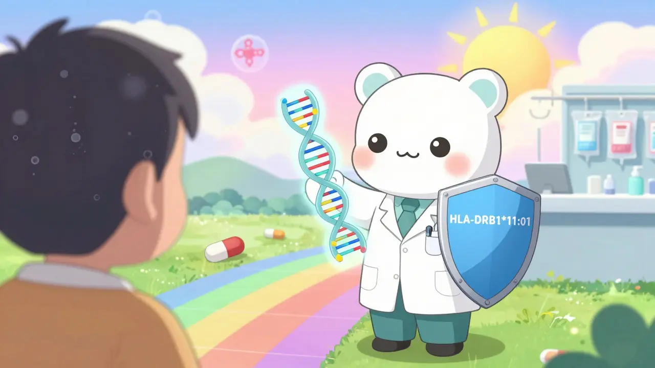 A doctor shielding a patient from autoantibodies with a glowing DNA shield.