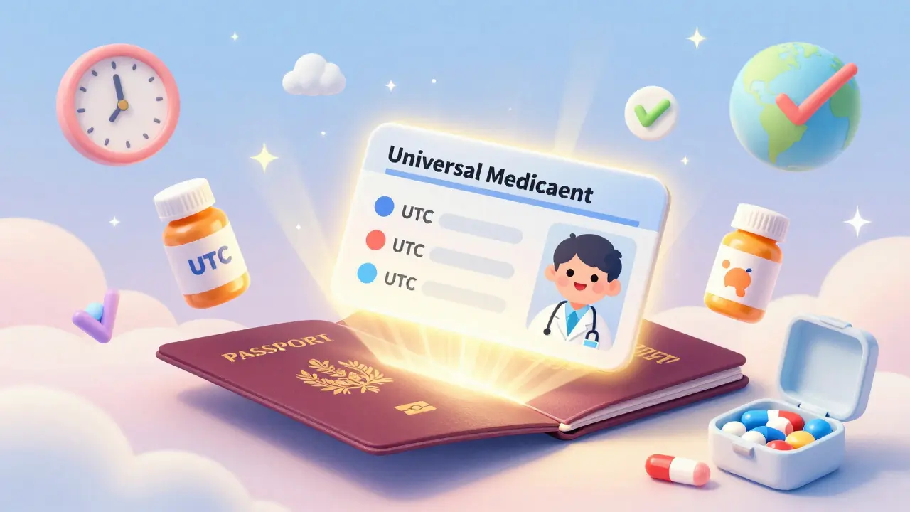 A glowing travel card projects a UTC schedule above a passport, while original pill bottles float peacefully nearby.